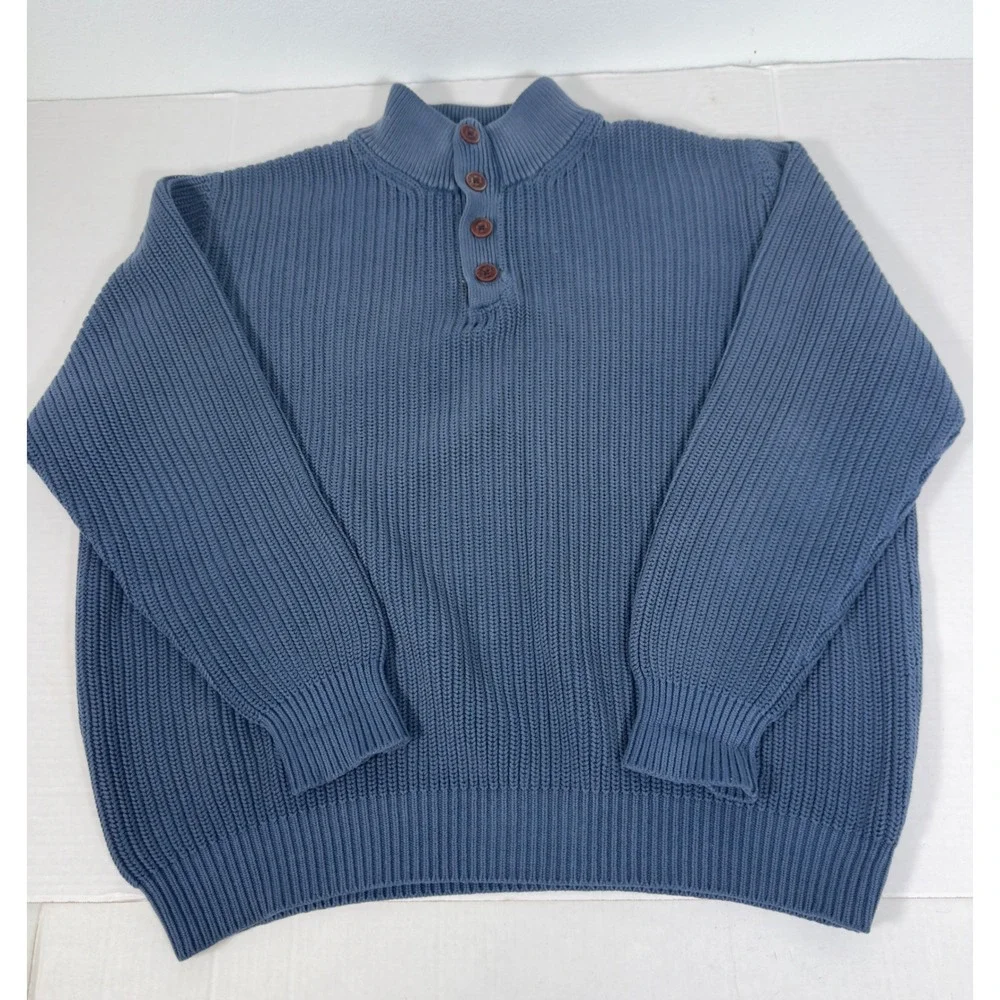 LL Bean Mens Mock Neck Sweater XL Blue Shaker Stitch Preppy Grandpa Core Coastal